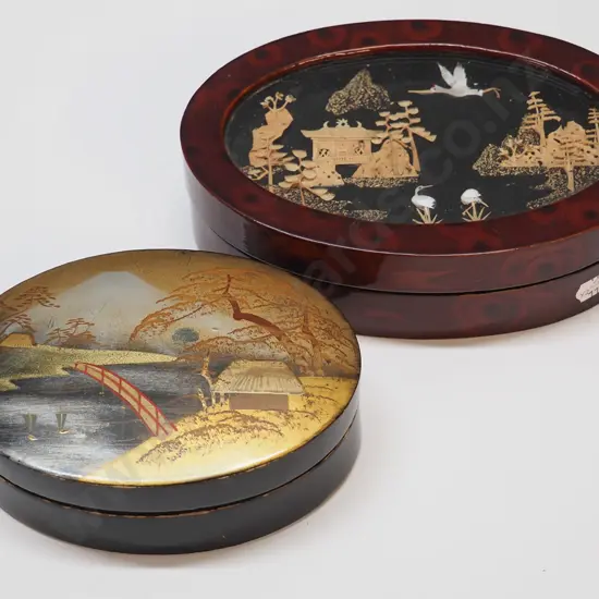 2 trinket boxes - 1 wooden with Asian scene & 1 paper mache