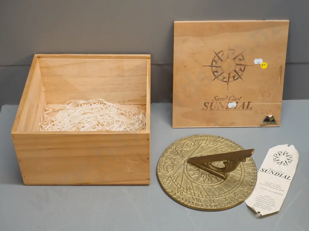 sand-cast brass sundial - made in New Zealand, with original wooden box. Sundial is H-110, Diameter 200 Image 1++