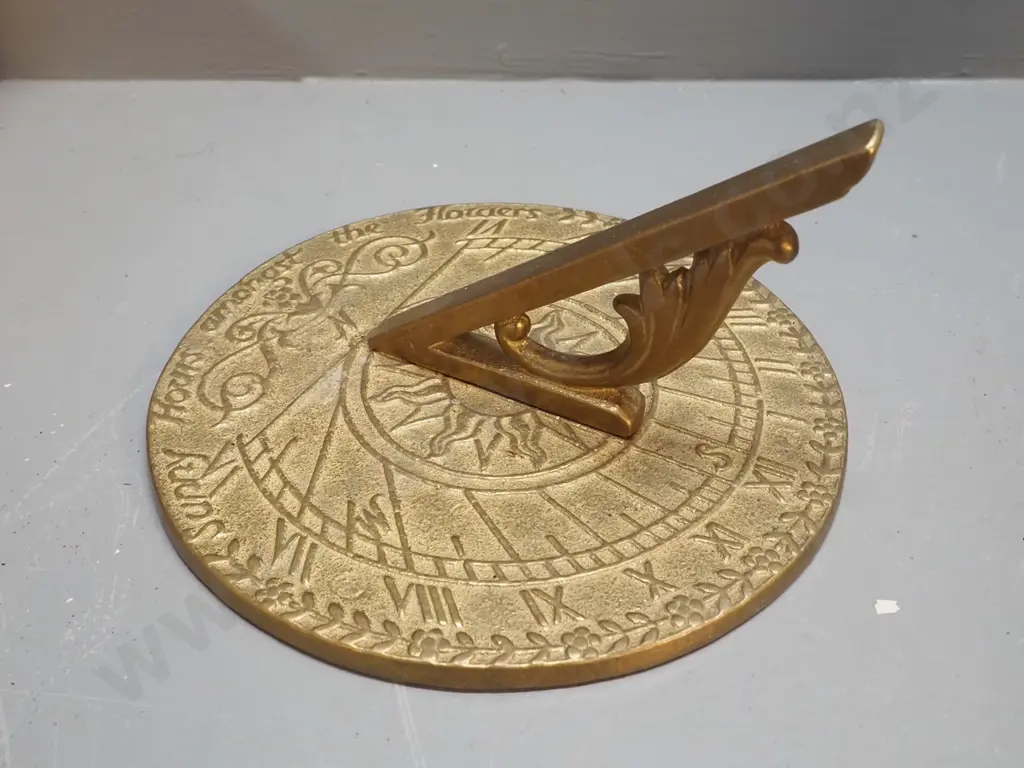 sand-cast brass sundial - made in New Zealand, with original wooden box. Sundial is H-110, Diameter 200 Image 1++