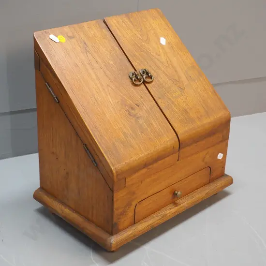 heavy oak writing box with 2 hinged doors, drawer H-340 W-340 D-220