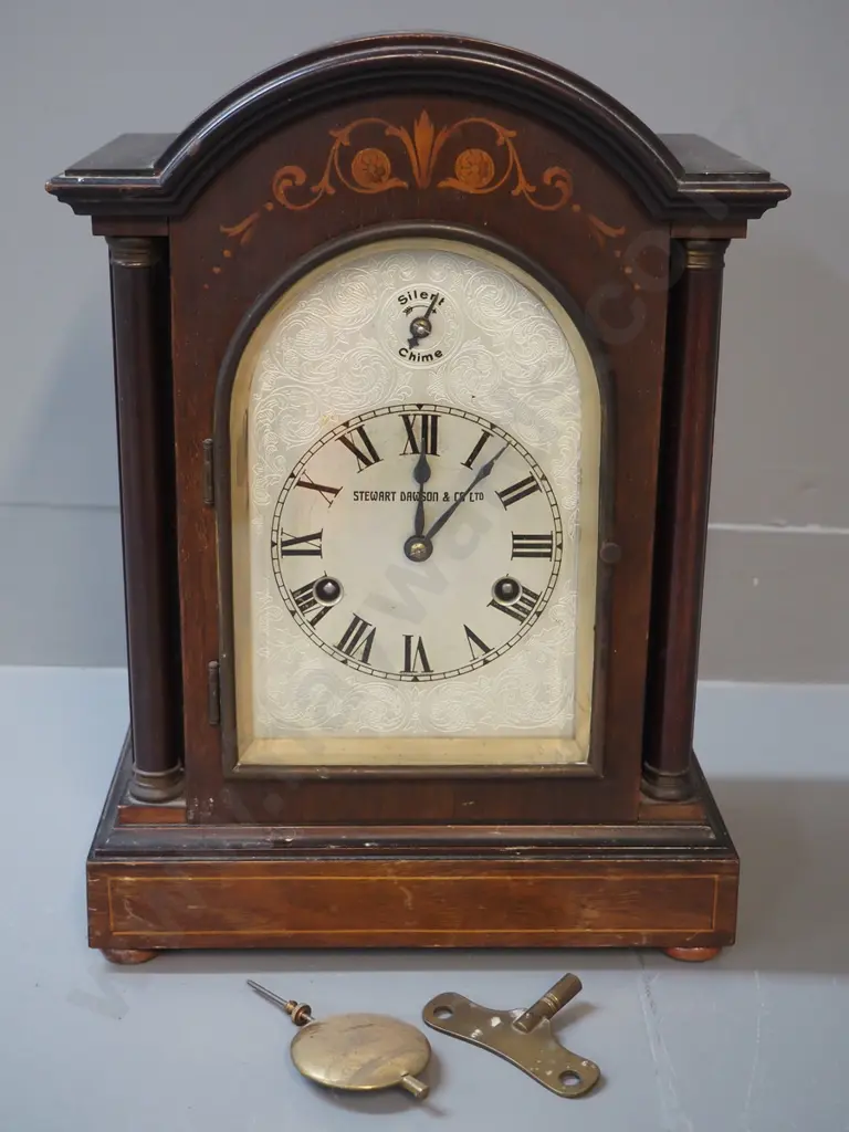vintage Stuart Dawson & Co. chiming mantel clock with inlay decoration, key and pendulum H350 W255 Image 1++