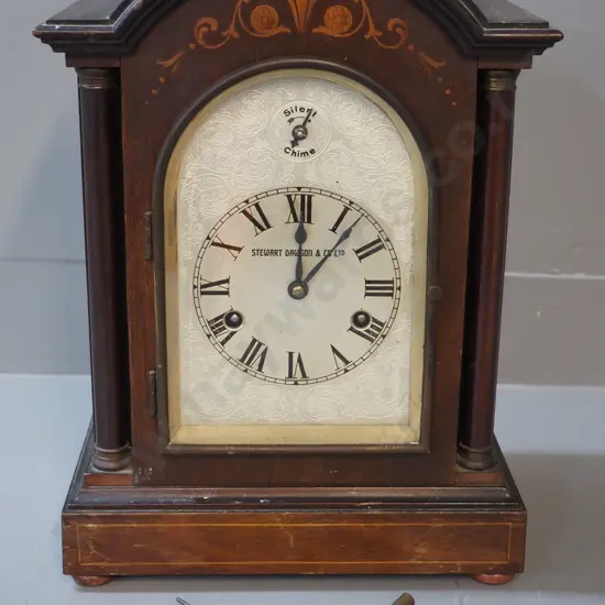 vintage Stuart Dawson & Co. chiming mantel clock with inlay decoration, key and pendulum H350 W255