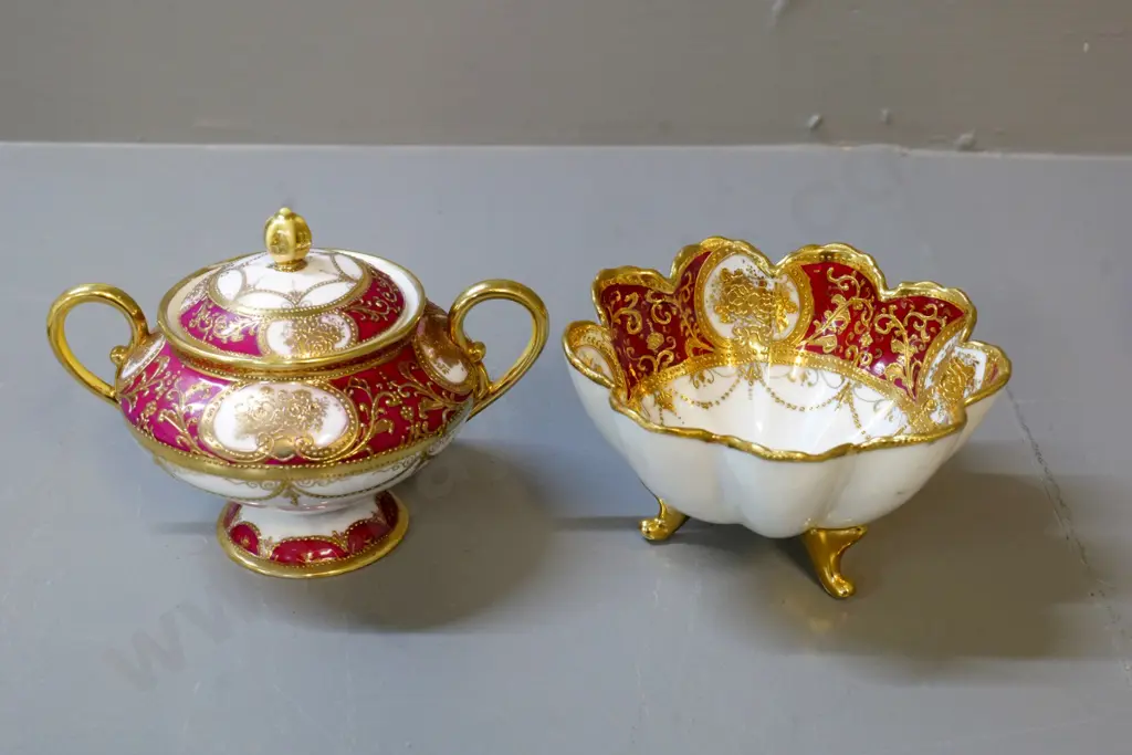 red & heavily gilded lidded bowl and open bowl - unknown maker - lidded is H-130 Image 1++