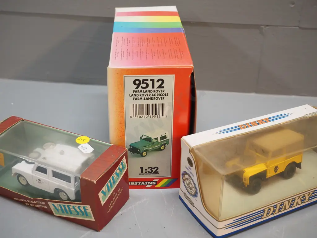 3 retro boxed die-cast Land Rover models - Dinky 1949, Vitesse Portugal 1960 police, Britains 'farm' model Image 1++