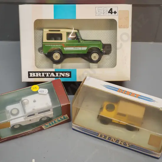 3 retro boxed die-cast Land Rover models - Dinky 1949, Vitesse Portugal 1960 police, Britains 'farm' model