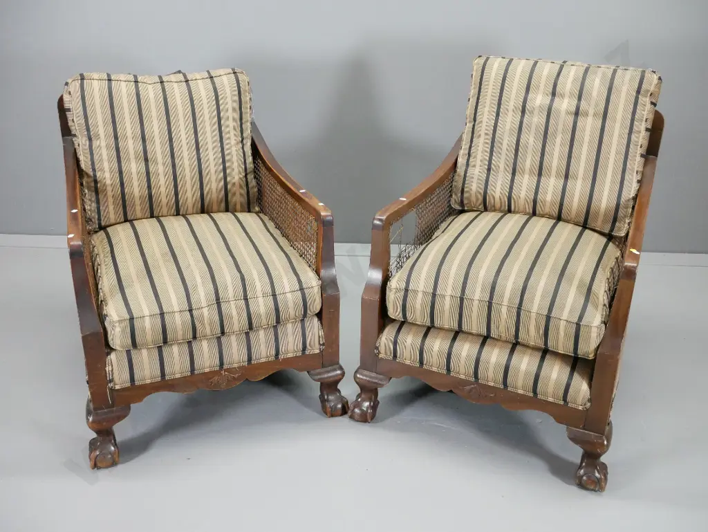 pair of vintage bergere lounge chairs w/carved back rails, ball & claw feet - damage to bergere cane H900 W640 D700 Image 1++