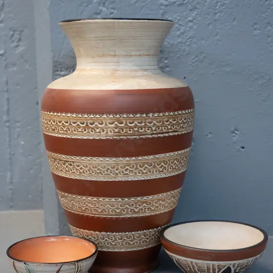 3 pieces of German pottery w/ incised sgraffito patterns - 2 bowls and vase H-310