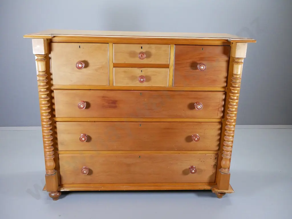 antique solid kauri 7-drawer Scotch chest - cotton reel columns need fixing, back has borer (treated) H1280 W1500 D560 Image 1++