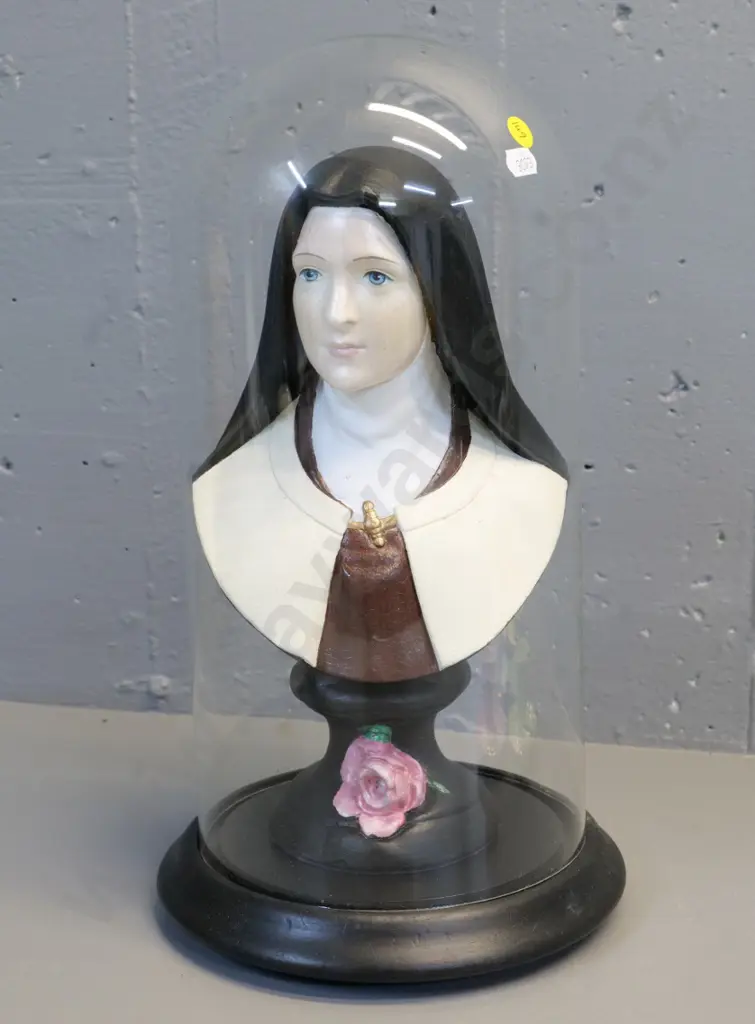 painted plaster religious bust figure on wooden base and glass dome - glass doesn't quite fit H-380 Image 1++
