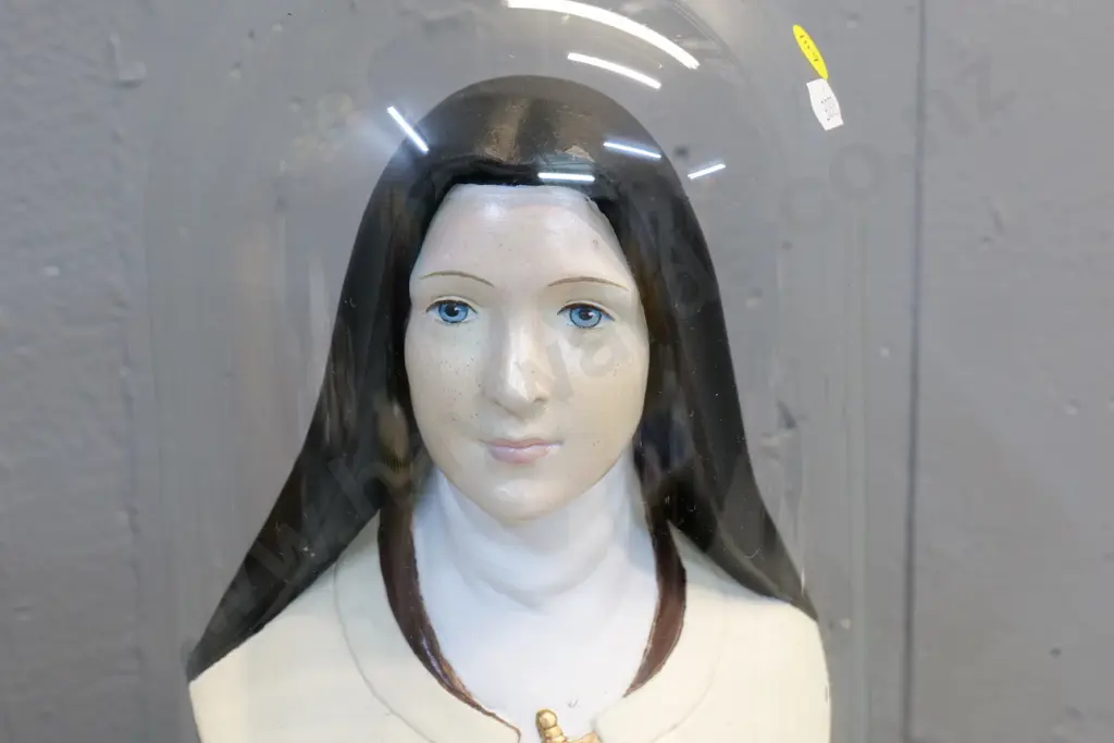 painted plaster religious bust figure on wooden base and glass dome - glass doesn't quite fit H-380 Image 1++
