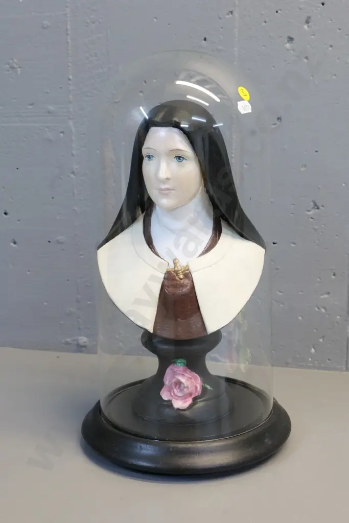 painted plaster religious bust figure on wooden base and glass dome - glass doesn't quite fit H-380 Image 1++