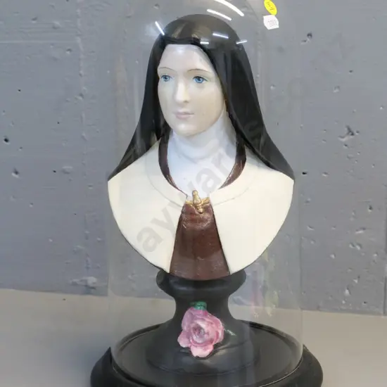painted plaster religious bust figure on wooden base and glass dome - glass doesn't quite fit H-380