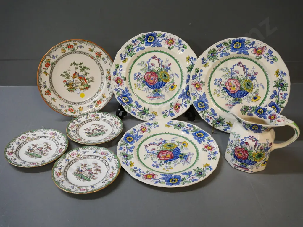 4 pieces of Mason's Strathmore - 3 dinner plates and a jug H-140 - and 4 Spode plates Image 1++