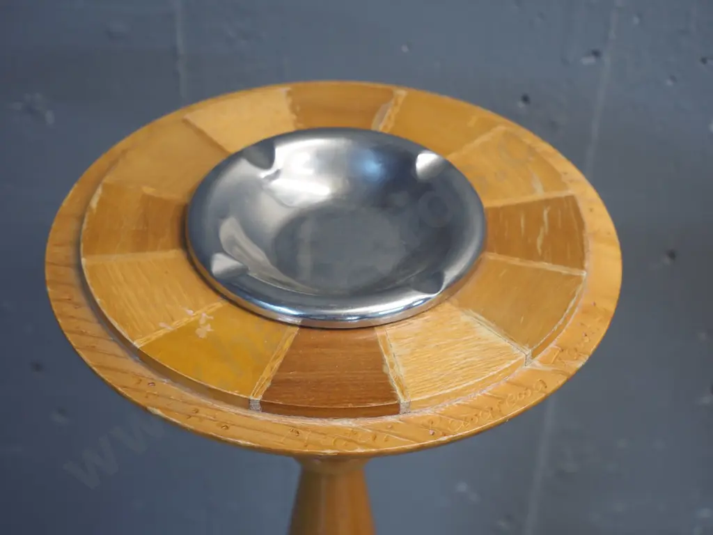 retro Kaimanawa turned NZ mixed native timbers smoker's stand with metal ashtray H500 Image 1++