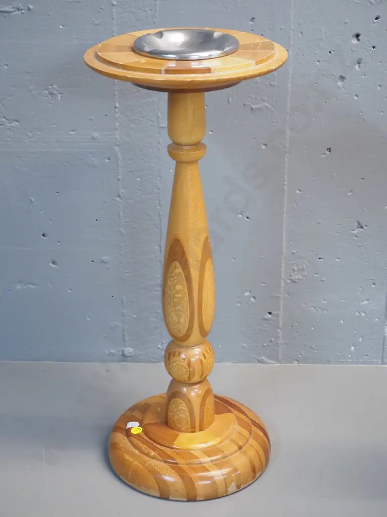 retro Kaimanawa turned NZ mixed native timbers smoker's stand with metal ashtray H500 Image 1++