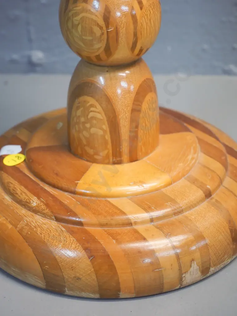 retro Kaimanawa turned NZ mixed native timbers smoker's stand with metal ashtray H500 Image 1++
