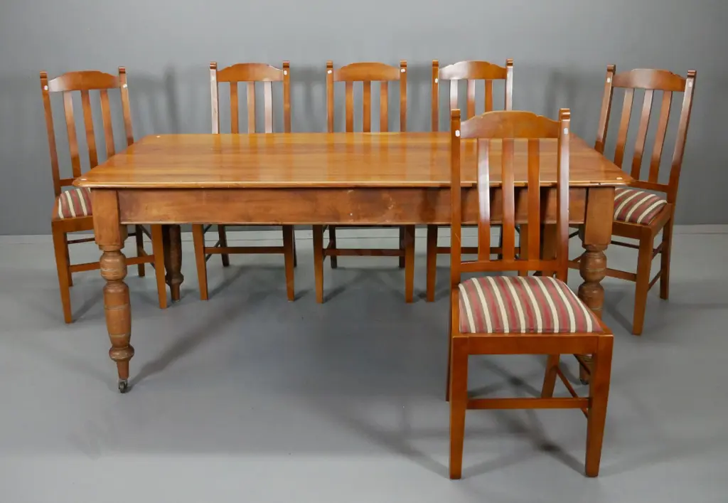 vintage kauri colonial style dining table & 6 modern kauri chairs - only 2 casters on table H780 L1800 W990 Image 1++