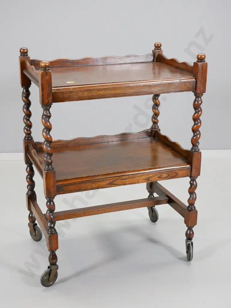 deco 2-tier tea trolley with barley twist columns, original casters H-830 L-610 W-410 Image 1++