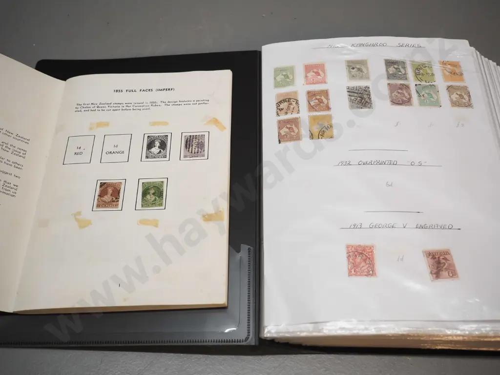 2 stamp albums - one includes early New Zealand, larger folder is mainly Australian Image 1++