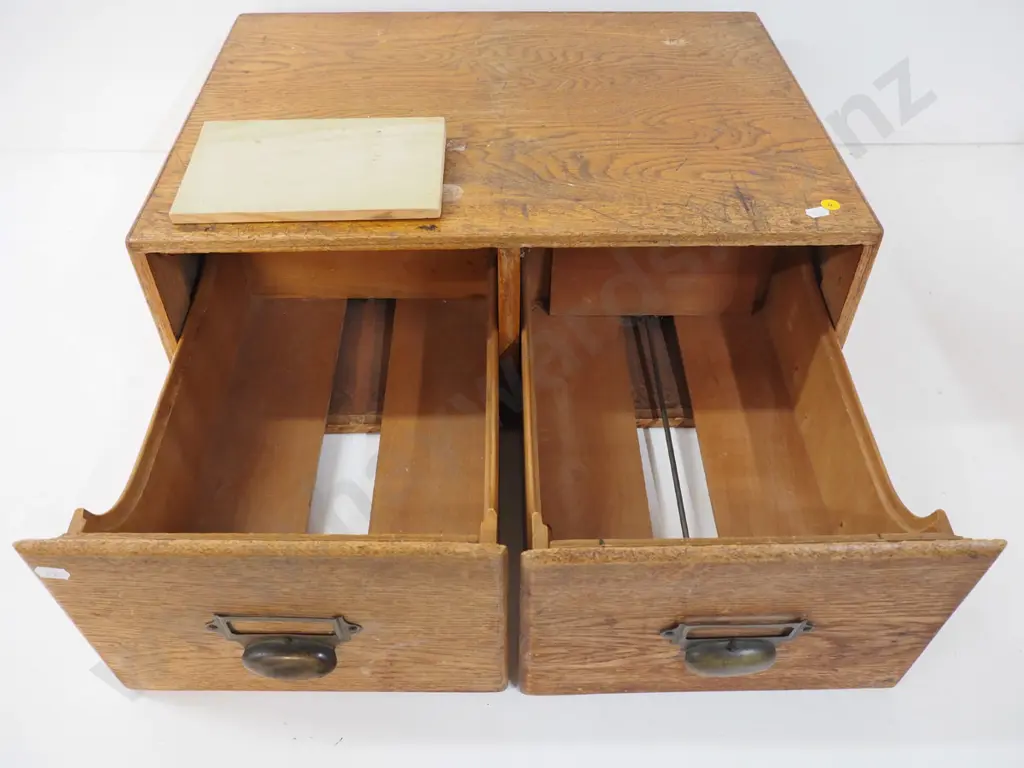 oak 2-drawer library catalogue card file cabinet - screw hole damage on top H210 W550 D420 Image 1++