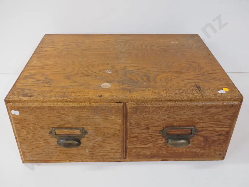 oak 2-drawer library catalogue card file cabinet - screw hole damage on top H210 W550 D420 Image 1++