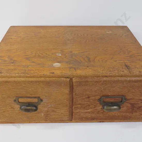 oak 2-drawer library catalogue card file cabinet - screw hole damage on top H210 W550 D420