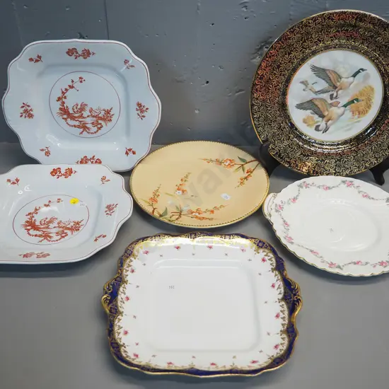 6 English china display plates including 2 Wedgwood Chanticleer. Royal Imperial D270, Royal Worcester, Paragon, Minton