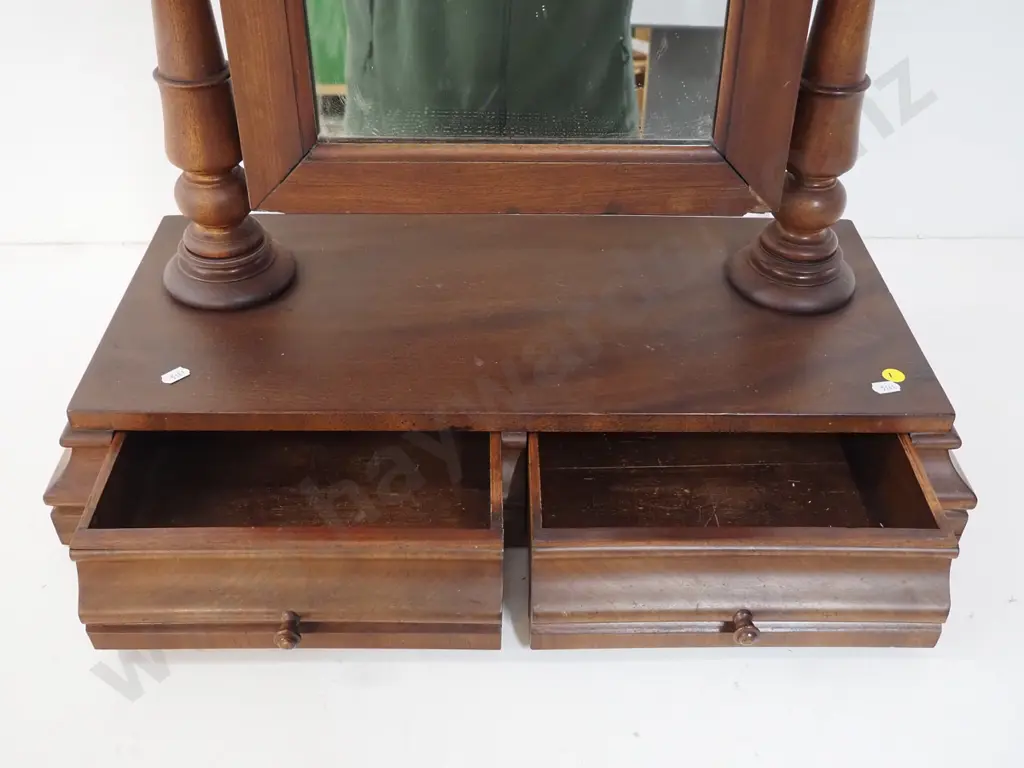 vintage dressing table mirror with turned supports, 2 drawers, minor damage to mirror frame H660 W590 D280 Image 1++