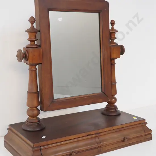 vintage dressing table mirror with turned supports, 2 drawers, minor damage to mirror frame H660 W590 D280