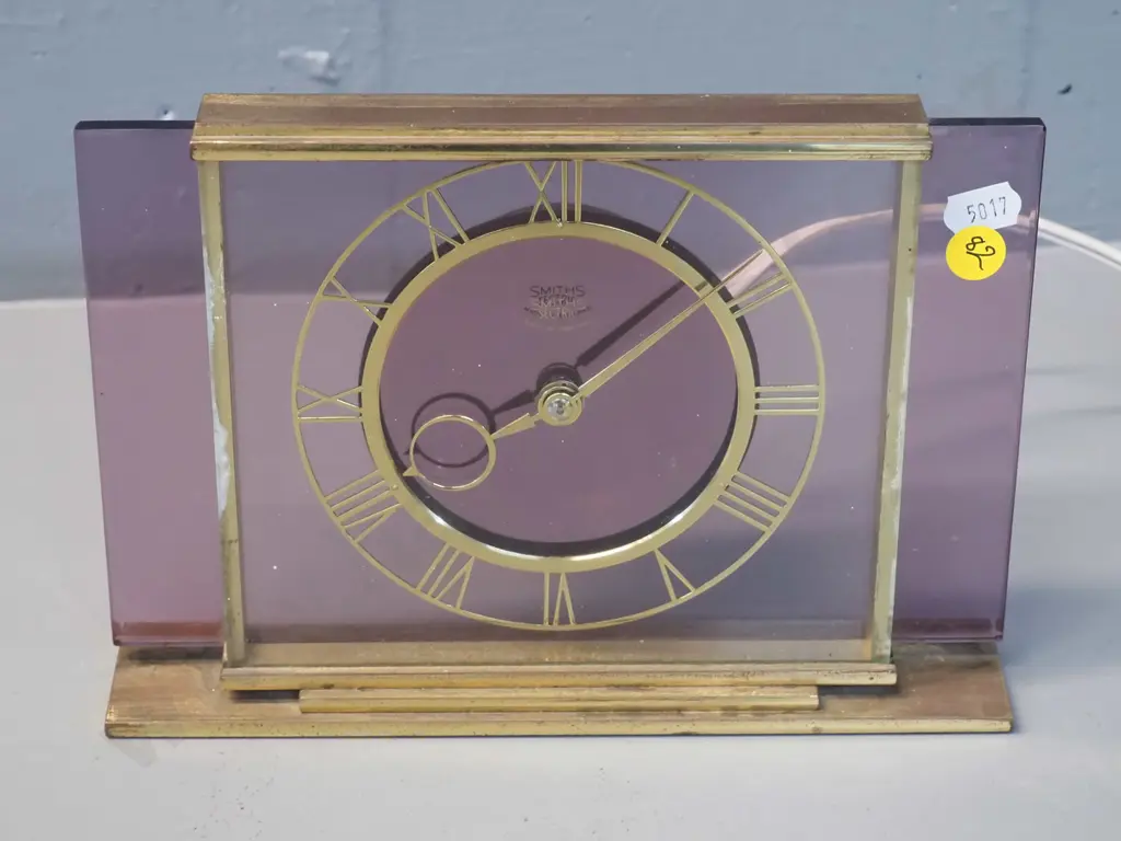 vintage Smiths electric mantel clock - bakelite, smoky purple glass and brass frame H160 W230 Image 1++