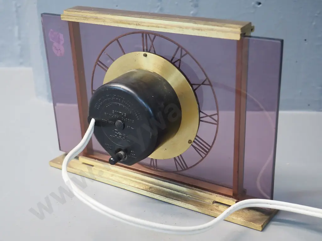 vintage Smiths electric mantel clock - bakelite, smoky purple glass and brass frame H160 W230 Image 1++