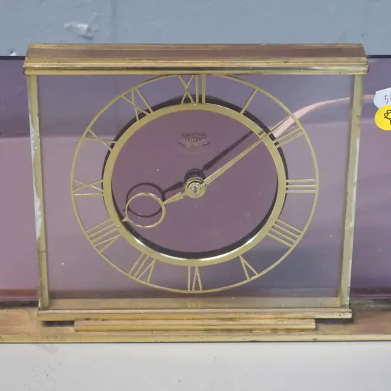 vintage Smiths electric mantel clock - bakelite, smoky purple glass and brass frame H160 W230