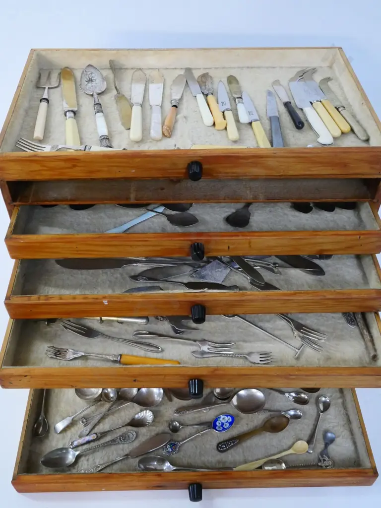 vintage home-made set of specimen drawers w/cutlery - butter knives, spoons, pickle forks, sugar tongs etc H325 W510 Image 1++