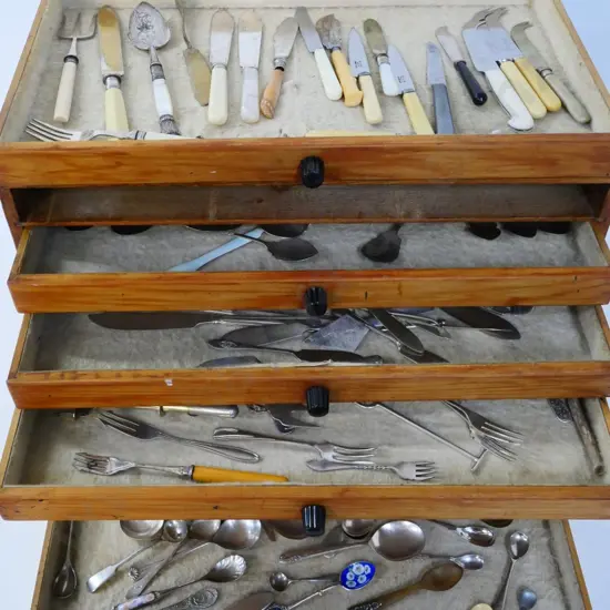 vintage home-made set of specimen drawers w/cutlery - butter knives, spoons, pickle forks, sugar tongs etc H325 W510