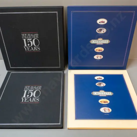 2 New Zealand postage stamp slip-cased collector volumes - 'The Emerging Years 1920s-1950' & '150 Years of Stamps'
