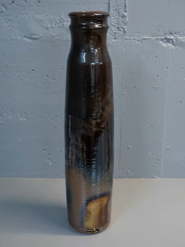 tall studio pottery vase, unknown mark (had Shane Wagstaff New Plymouth card inside) H-640 D-140 Image 1++