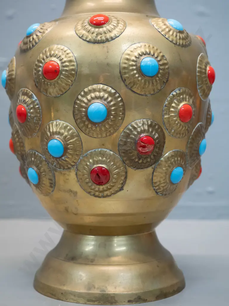 cast brass vase - damage to several coloured faux-glass insets H-270 D-150 Image 1++
