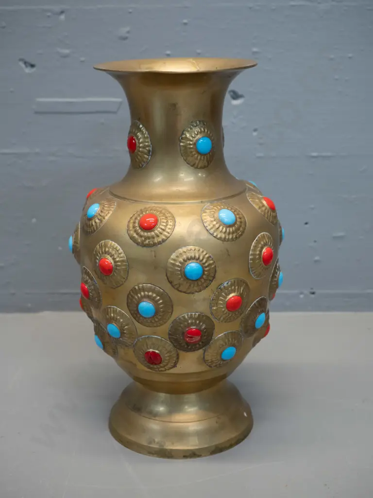 cast brass vase - damage to several coloured faux-glass insets H-270 D-150 Image 1++
