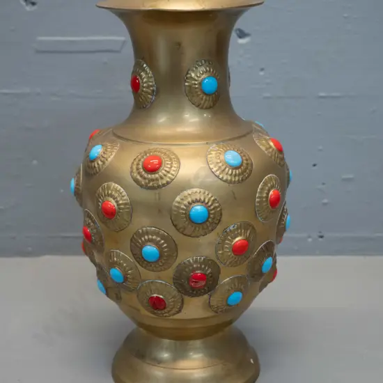 cast brass vase - damage to several coloured faux-glass insets H-270 D-150