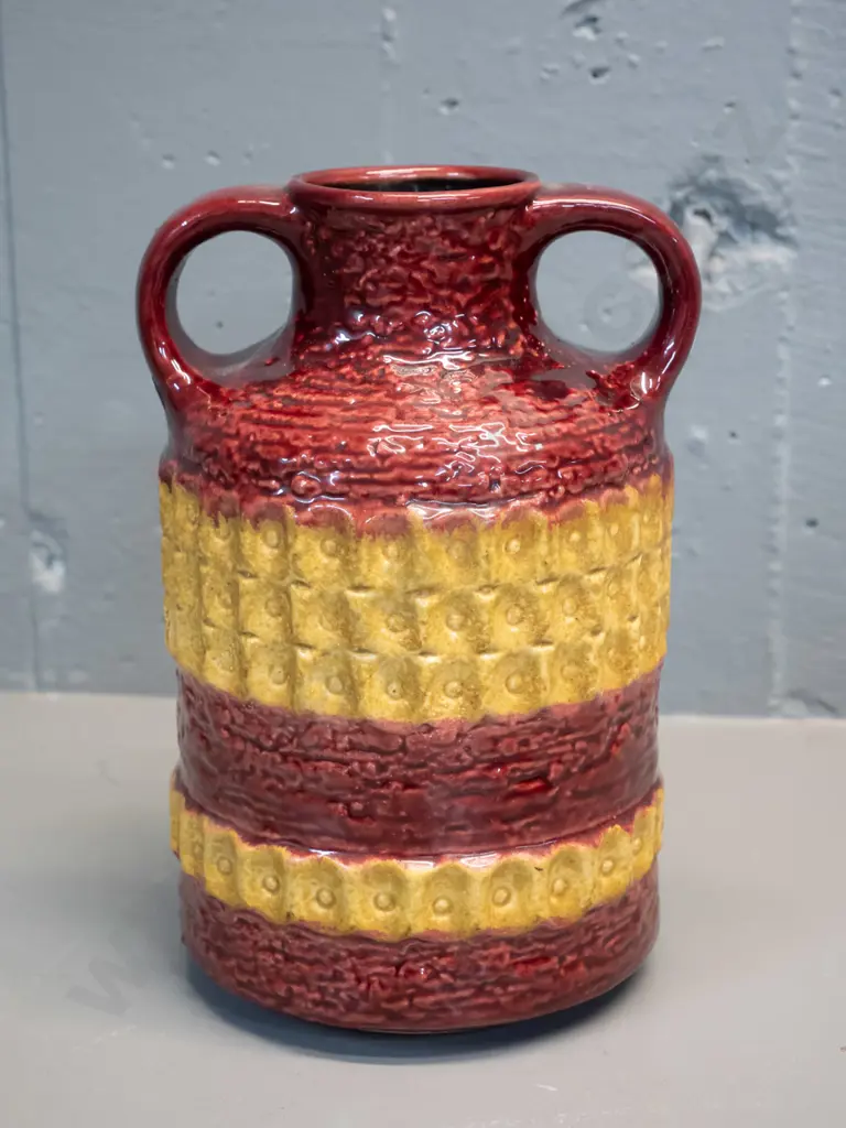 German pottery double handled vase - relief pattern burgundy & gold H240 Image 1++