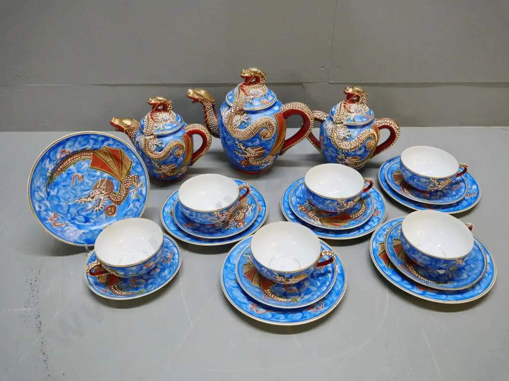 Japanese dragon pattern tea set with lithophane images in cups - teapot. One cup damaged/repaired H200 W-230 Image 1++