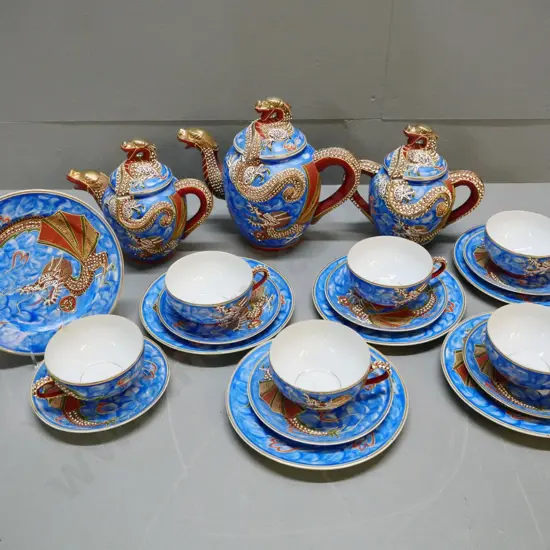 Japanese dragon pattern tea set with lithophane images in cups - teapot. One cup damaged/repaired H200 W-230