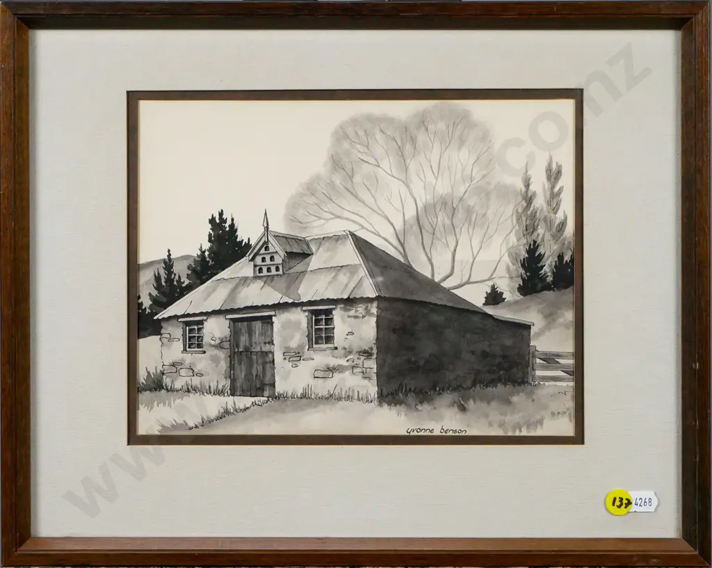 Yvonne Benson - framed watercolour "Stone Farm Building, Galloway Station, Near Alexandra" H-180 W-230 Image 1++