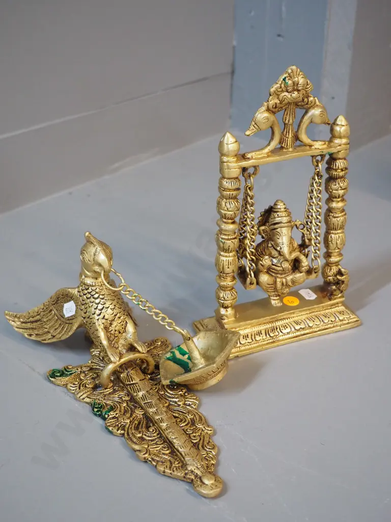 2 Indian gilded cast metal items - swinging figure ornament H-240 and a wall mount bird incense burner w/green residue Image 1++