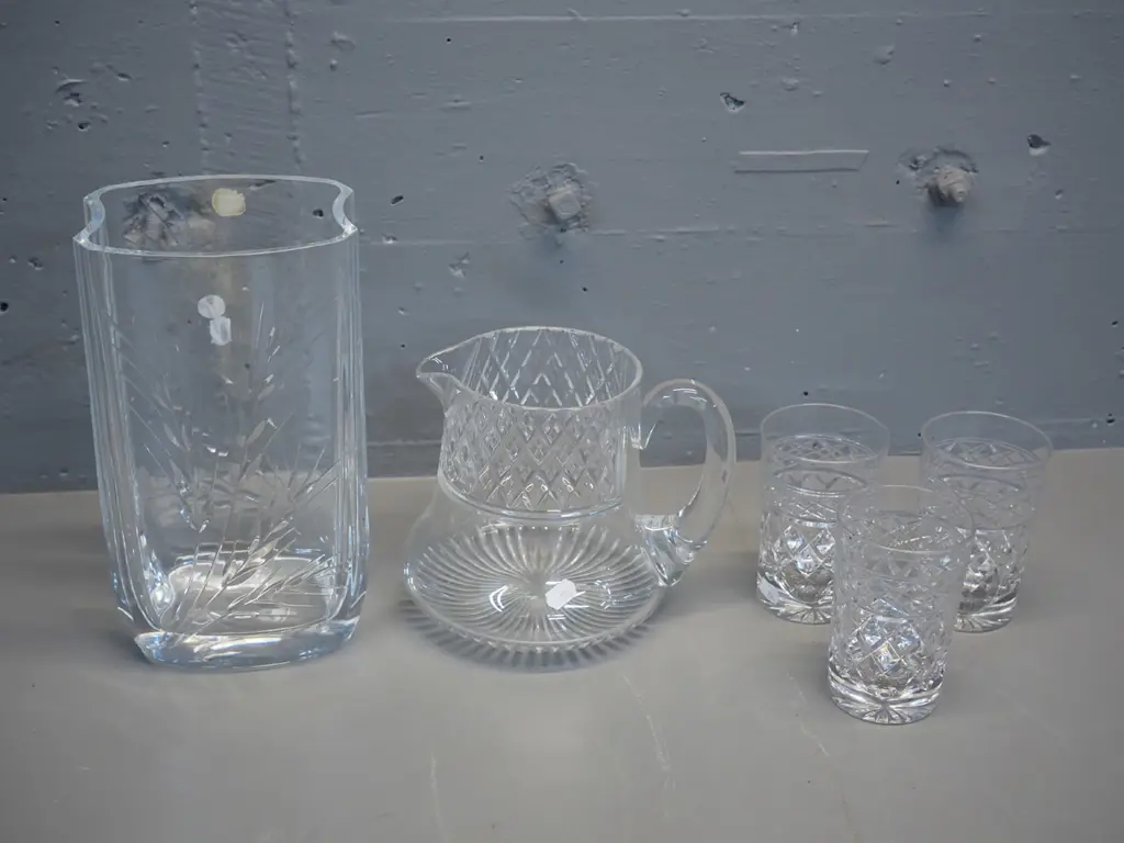 Crystal D'Arque France heavy cut crystal wheat sheaf motif vase H-250 and a water jug with 3 tumblers Image 1++
