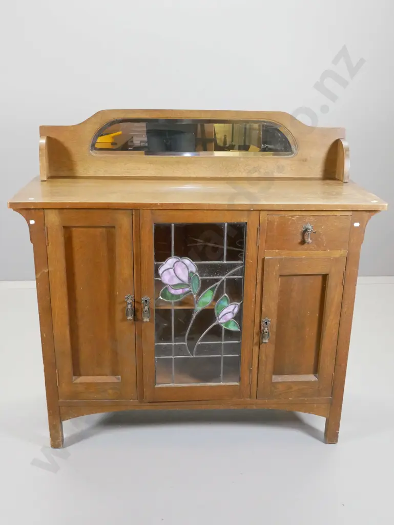 deco oak sideboard with mirror upstand, 2 panel & 1 leadlight door, drawer w/drop handle, key H1210 W1220 D480 Image 1++