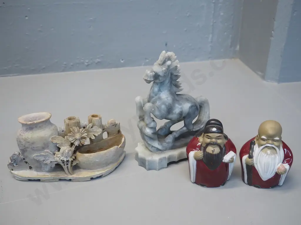 2 Chinese soapstone ornaments and 2 porcelain wise men figures - chip to smaller soapstone item, horse is H-190 L-130 Image 1++