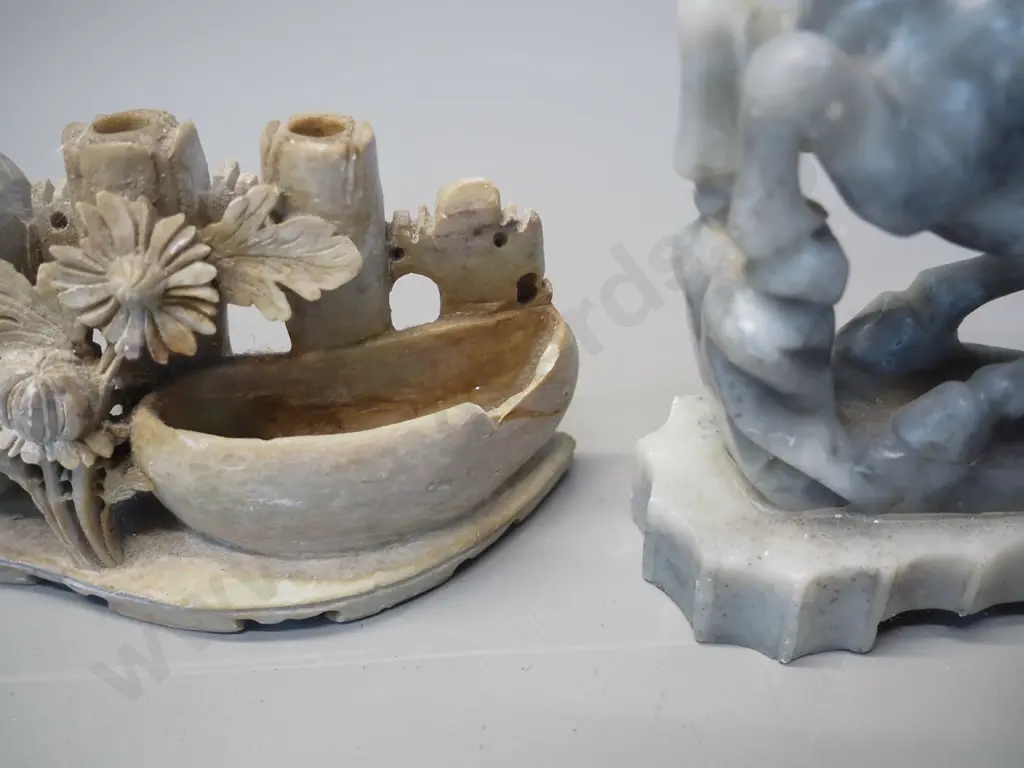 2 Chinese soapstone ornaments and 2 porcelain wise men figures - chip to smaller soapstone item, horse is H-190 L-130 Image 1++