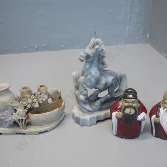 2 Chinese soapstone ornaments and 2 porcelain wise men figures - chip to smaller soapstone item, horse is H-190 L-130