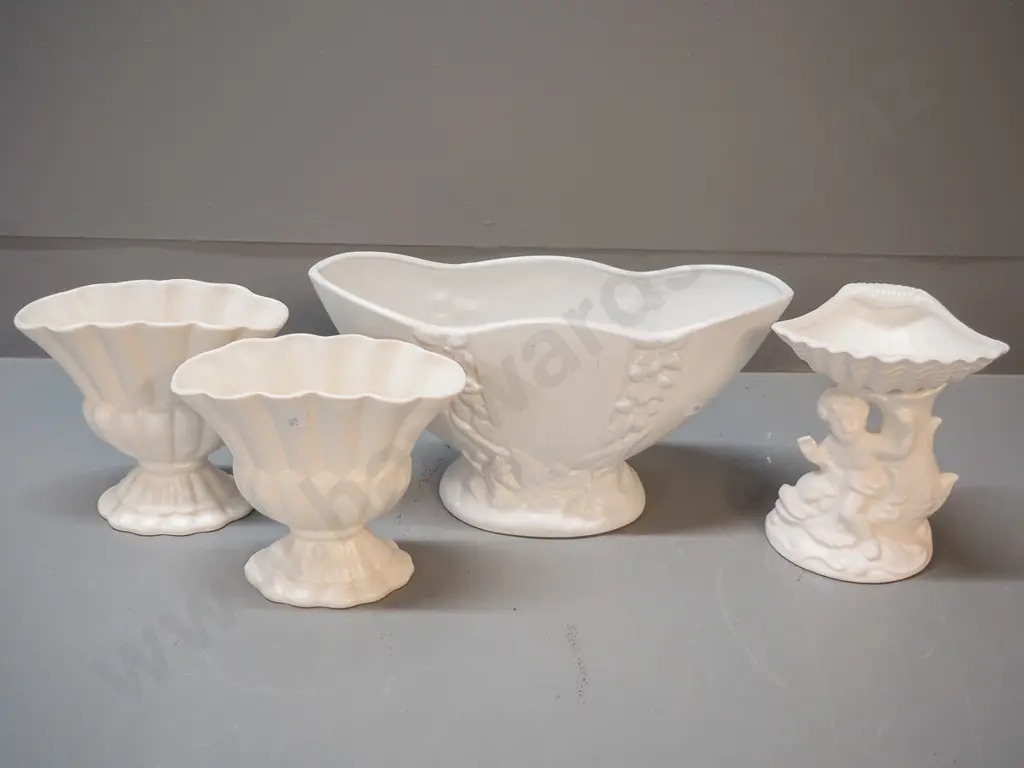 4 cream glaze items: large flower trough marked 553, W-300, pair Shorter & Son fan-shape vases, Japanese soap holder Image 1++